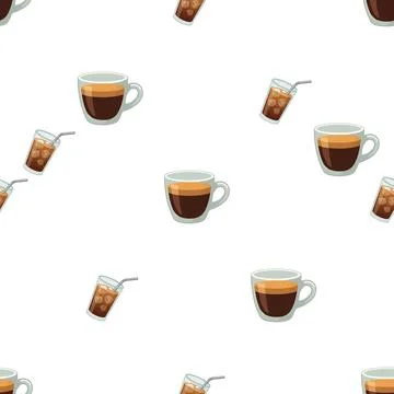 Seamless pattern with coffee cups and iced coffee drinks on white background. Illustrazione stock