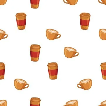 Seamless pattern with coffee cups and takeaway mugs on white background. Illustrazione stock