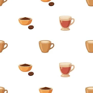 Seamless pattern with coffee cups and beans on white background. Stock Illustration
