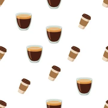 Seamless pattern with coffee cups and espresso glasses on white background. Illustrazione stock