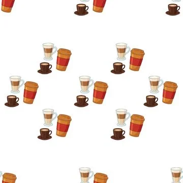 Seamless pattern with coffee cups and takeaway mugs on white background. Illustrazione stock