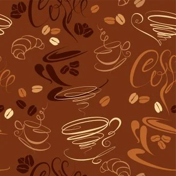 Seamless pattern with coffee cups, beans, croissant, calligraphic text coffee Stock Illustration