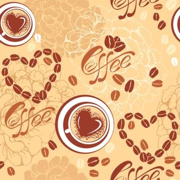 Seamless pattern with coffee cups, beans, heart shapes, calligraphic text cof Stock Illustration