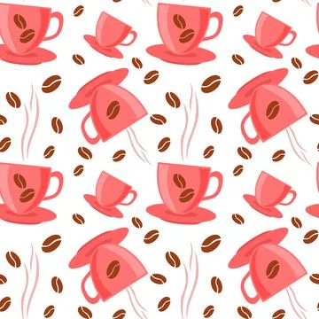 Seamless pattern of coffee cups with beans. Wallpaper Stock Illustration