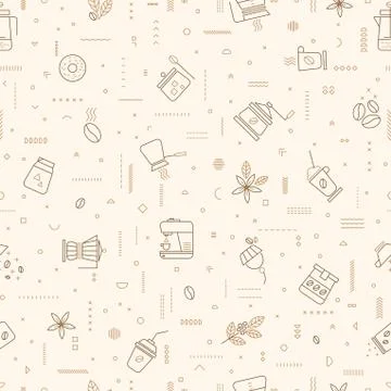 Seamless pattern with coffee, cups, cakes,donuts and other coffee attributes. Illustrazione stock