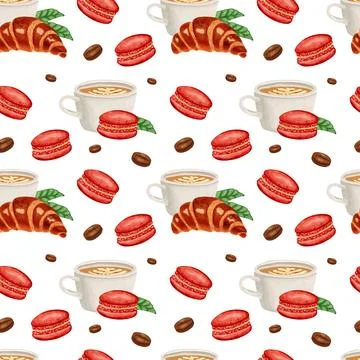 Seamless pattern of coffee cups, croissants, and macarons on white background Illustrazione stock