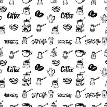 Seamless pattern with coffee design elements. For poster, flyer, card, banner 스톡 일러스트