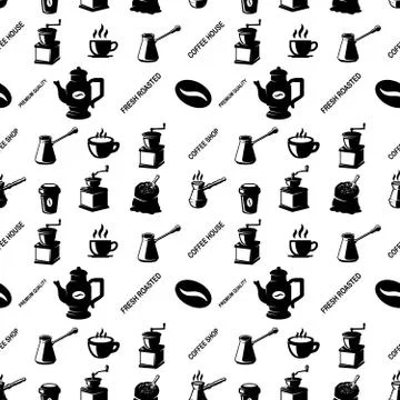 Seamless pattern with coffee design elements. For poster, flyer, card, banner Illustrazione stock