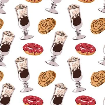 Seamless Pattern with Coffee Drink, bun and Donut. Repeating Texture for Cafe Stock Illustration