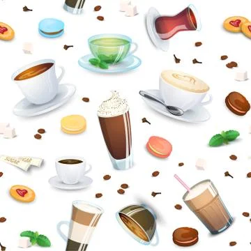 Seamless pattern with coffee drinks, tea and sweets Stock Illustration