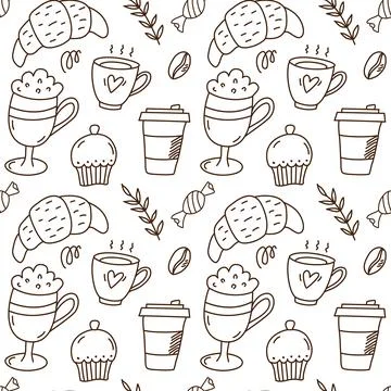 Seamless pattern of coffee. Flat line icons - cake, croisant, beans, cup. R.. 스톡 일러스트