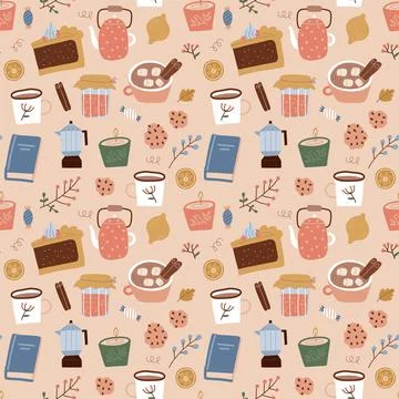 Seamless pattern of coffee, geyser coffee maker, sweeties, candles and plants on Stock Illustration