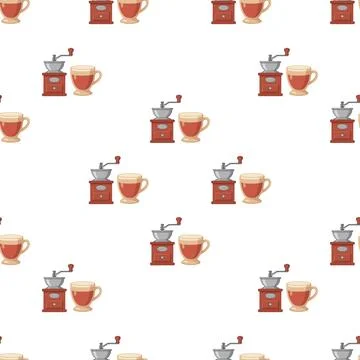 Seamless pattern with coffee grinders and cups of hot coffee on white backg.. Illustrazione stock