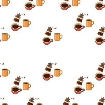 Seamless pattern with coffee grinders and mugs on white background. Stock Illustration