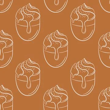 Seamless pattern with coffee, hot chocolate or cocoa with cream on top in line Illustrazione stock