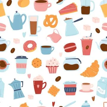 Seamless pattern with coffee items as coffee makers, cups, bakery, milk. Hand Stock Illustration
