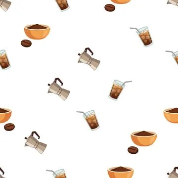 Seamless pattern with coffee items including moka pots iced coffee and beans. Stock Illustration