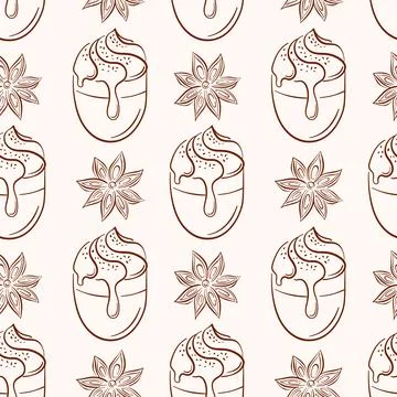 Seamless pattern with coffee latte cup and star anise in line art style on beige Stock Illustration