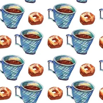 Seamless pattern with coffee mug and donut. Stock Illustration