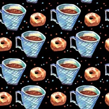 Seamless pattern with coffee mug and donut. Stock Illustration