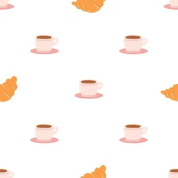 Seamless pattern with coffee mug and croissant on white background. Flat ve.. Stock Illustration