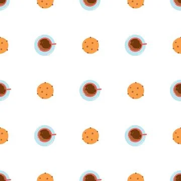 Seamless pattern with coffee mug and biscuits on white background. Flat vecto Stock Illustration