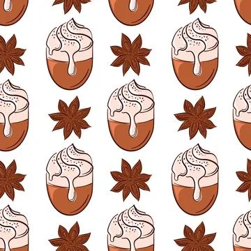 Seamless pattern with coffee mug and star anise in flat style on beige Stock Illustration