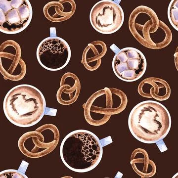 Seamless pattern with coffee mugs and pretzels. Americano, cappuccino, latte. Stock Illustration