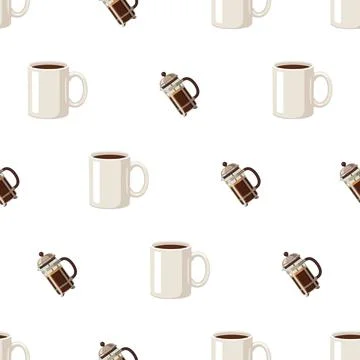 Seamless pattern with coffee mugs and french press coffee makers on white b.. Illustrazione stock