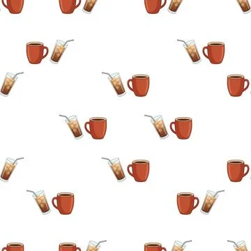Seamless pattern with coffee mugs and iced coffee glasses on white background イラスト素材