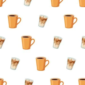 Seamless pattern with coffee mugs and iced coffee glasses on white background Stockillustratie