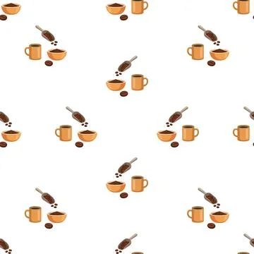 Seamless pattern with coffee mugs bowls and scoops of beans on white backgr.. Stock Illustration