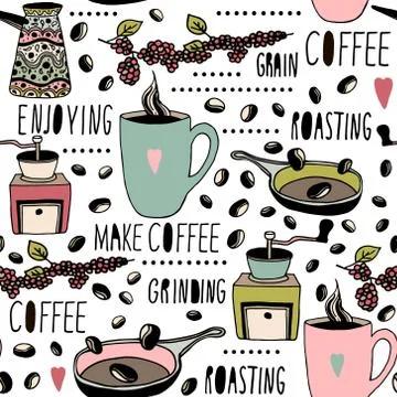 Seamless pattern with coffee objects. Hand drawn coffee texture. Perfect fo.. Stock Illustration