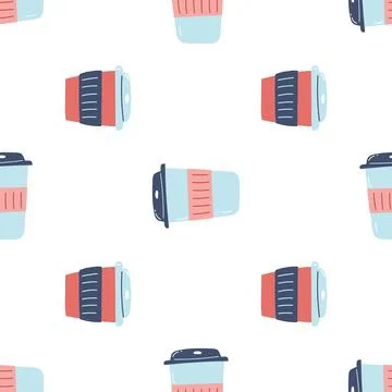 Seamless pattern with coffee paper cup. Flat vector background with reusabl.. イラスト素材