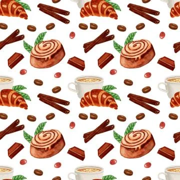 Seamless pattern of coffee, pastries, and spices on white background Stock Illustration