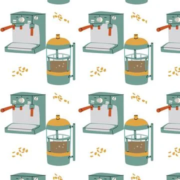 Seamless pattern with coffee pot and machine in cartoon style Illustrazione stock
