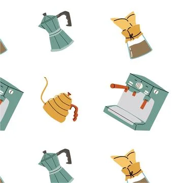 Seamless pattern with coffee pots and machine Illustrazione stock