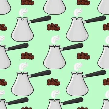 Seamless pattern of coffee pots and coffee beans on a light green background. イラスト素材