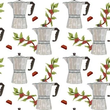 Seamless pattern with coffee pots, beans, and leaves in watercolor style Stock Illustration