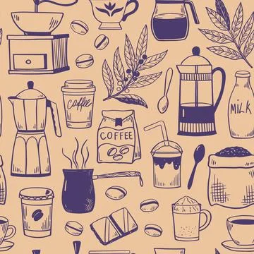 Seamless pattern with coffee pots, coffee cups, grinder and percolator. Bla.. Stock Illustration