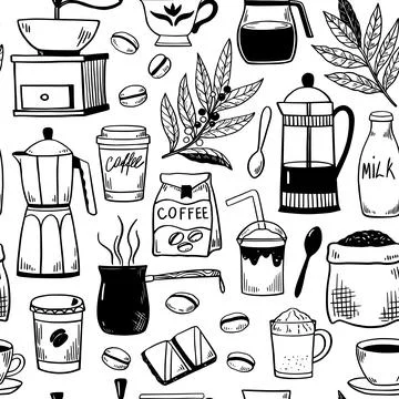 Seamless pattern with coffee pots, coffee cups, grinder and percolator. Bla.. Stock Illustration