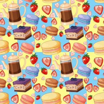 Seamless Pattern with Coffee Pots Macarons Cakes and Fresh Strawberries Stock Illustration