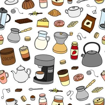 Seamless pattern with coffee, tea, cocoa items. Stock Illustration