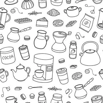 Seamless pattern with coffee, tea, cocoa items. Stock Illustration