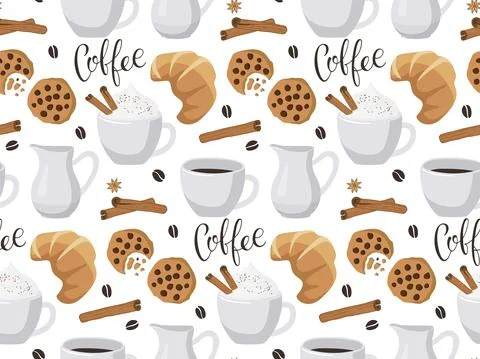Seamless pattern with Coffee text, two coffee mugs, creamer, croissant, cookies Stock Illustration