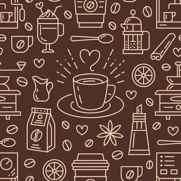Seamless pattern of coffee, vector background. Cute beverages, hot drinks flat 스톡 일러스트
