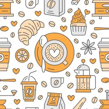 Seamless pattern of coffee, vector background. Cute beverages, hot drinks flat イラスト素材