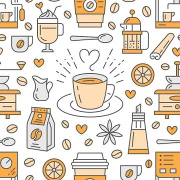 Seamless pattern of coffee, vector background. Cute beverages, hot drinks flat 스톡 일러스트