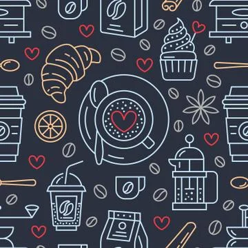 Seamless pattern of coffee, vector background. Cute beverages, hot drinks flat Stock Illustration