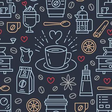 Seamless pattern of coffee, vector background. Cute beverages, hot drinks flat Stock Illustration